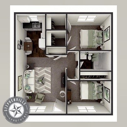 A floor plan of a small apartment with a kitchen, living room, and bathroom.